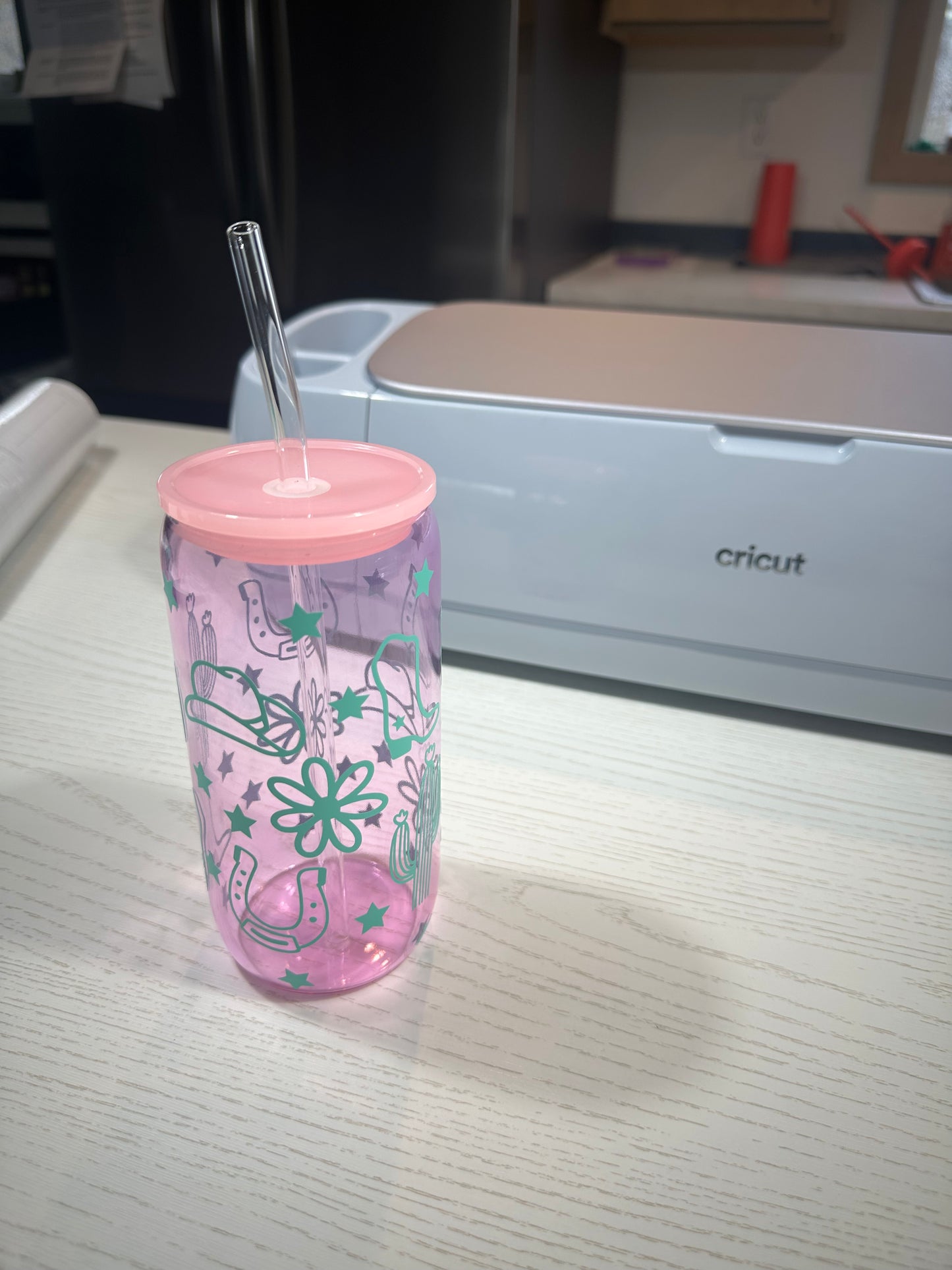 Pink Western Pattern Glass Iced Coffee Cup - 16 oz