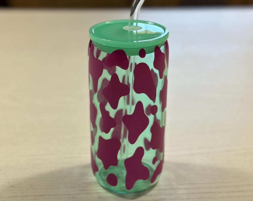 Teal Glass with Pink Cowprint