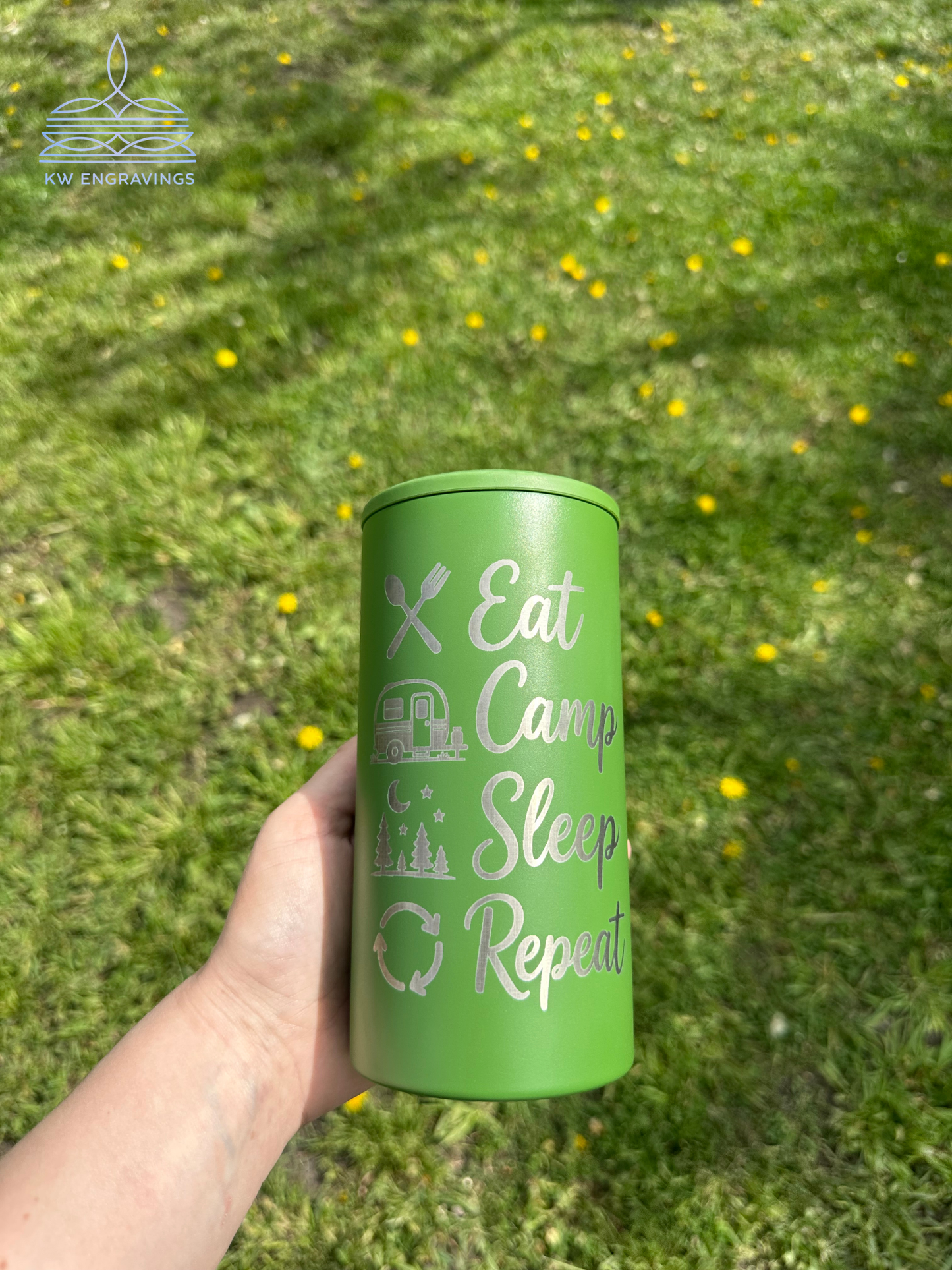 Engraved Eat, Camp, Sleep, Repeat Can Cooler - 14 oz