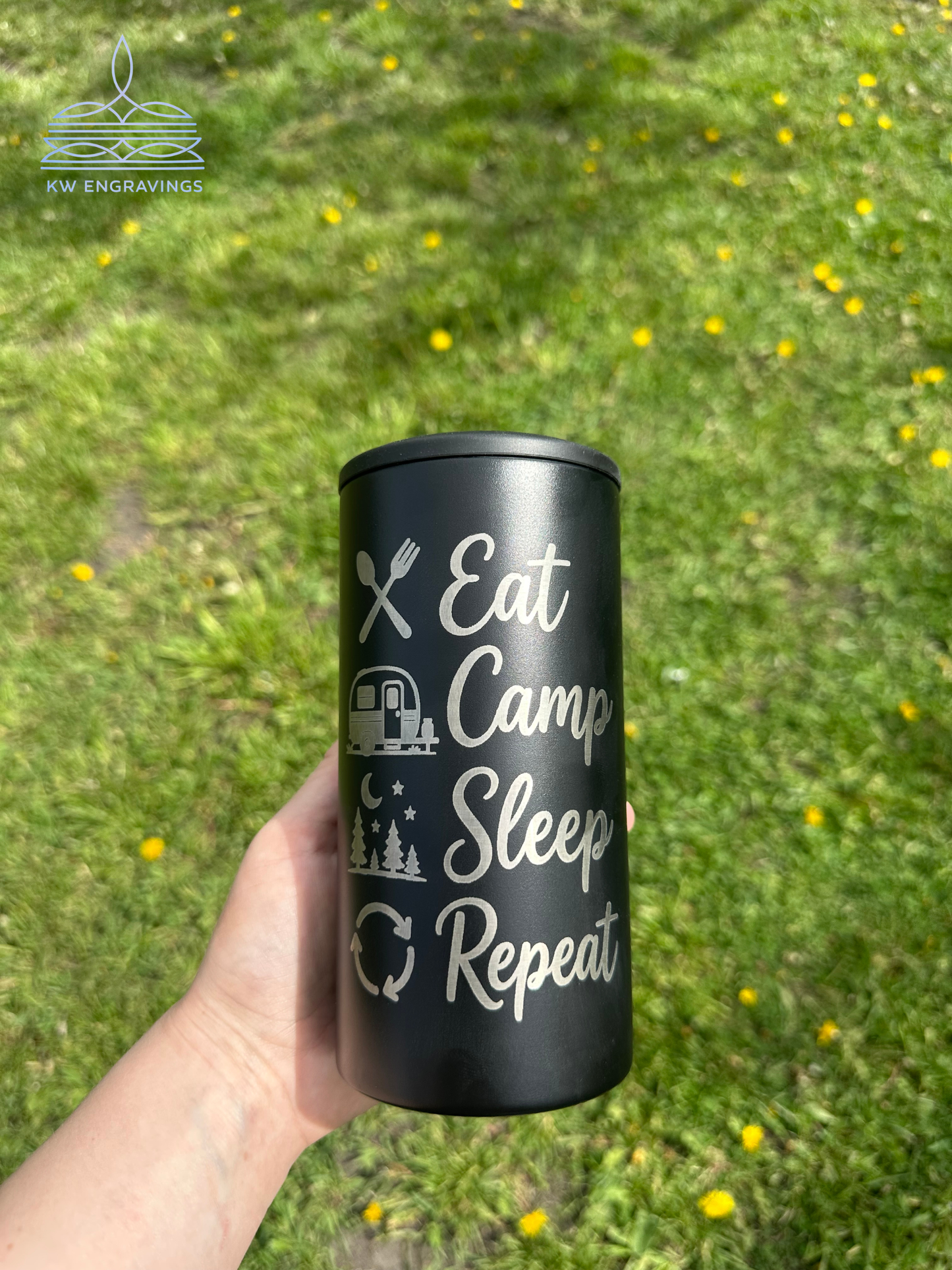 Engraved Eat, Camp, Sleep, Repeat Can Cooler - 14 oz