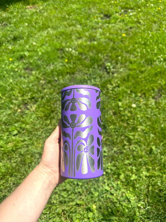 Engraved Retro Flower Can Cooler - 14 oz