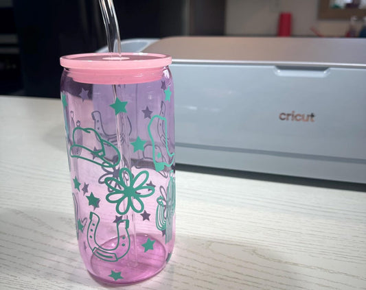 Pink Glass with Teal Western Print